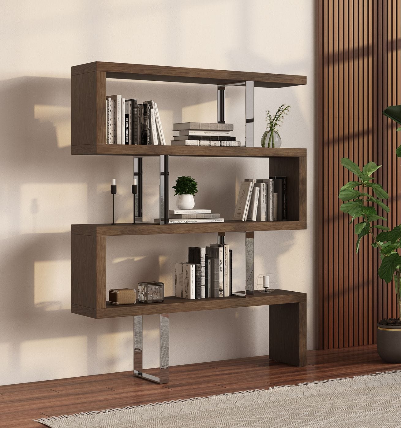 LA Furniture Maze Modern Walnut Bookcase VGBBMD105-WAL Contemporary Style by Vig Furnitrue Number 16694 Catch Home Goods