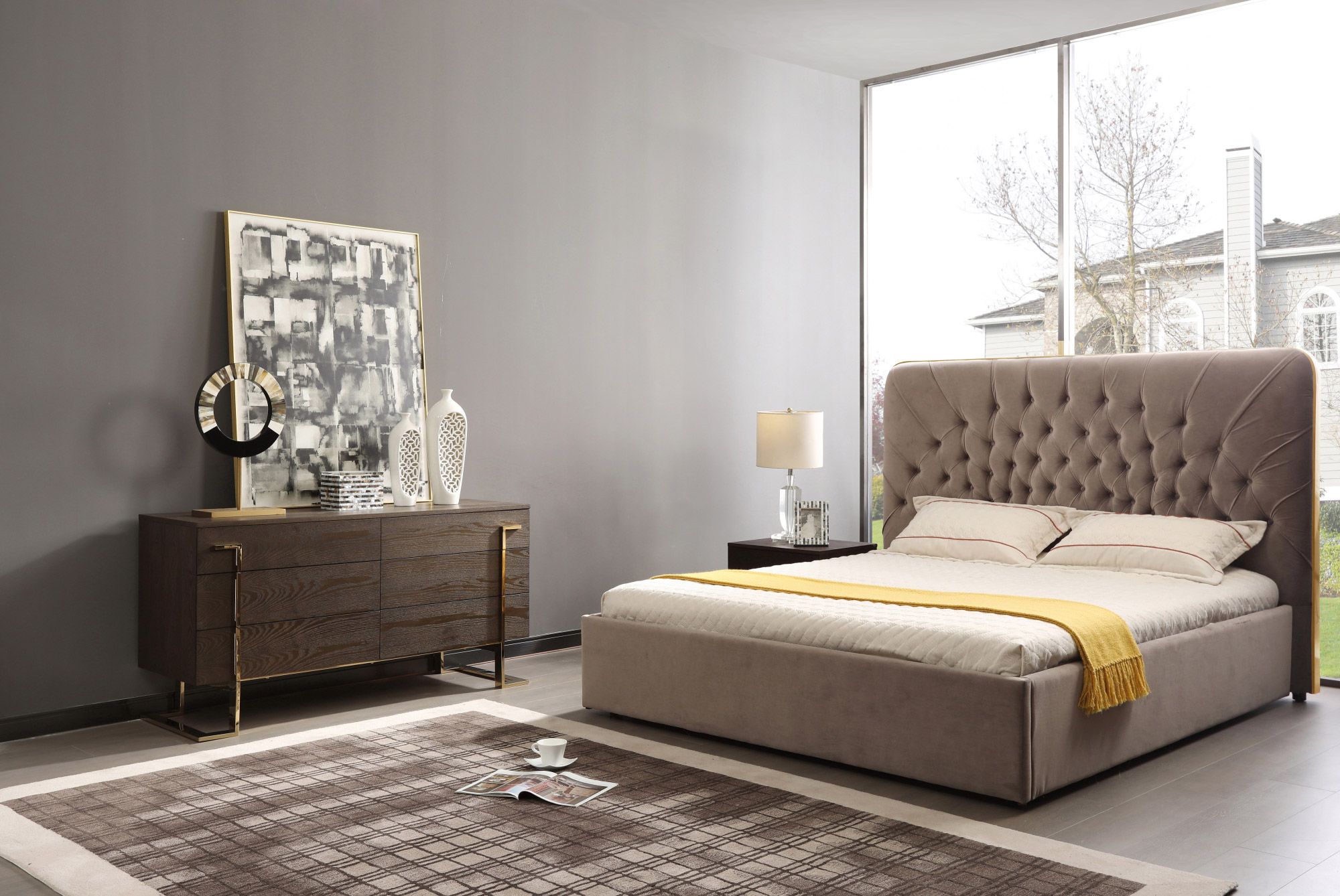 LA Furniture Moontide Eastern King Glam Beige Velvet and Brushed Brass Bed VGVCBD1922-19-BED-EK Contemporary Style by Vig Furnitrue Number 76723 Catch Home Goods