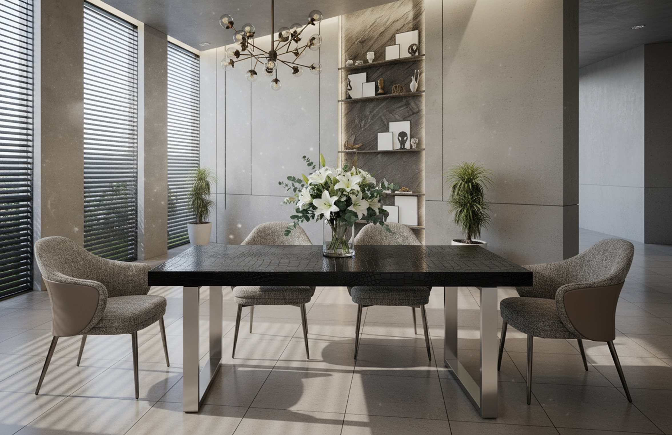 LA Furniture Skyline + Cora Modern Black Crocodile + Grey Fabric & Leatherette Dining Set VGUN- SKYLINE-CORA-SET Contemporary Style by Vig Furnitrue Number 85930 Catch Home Goods