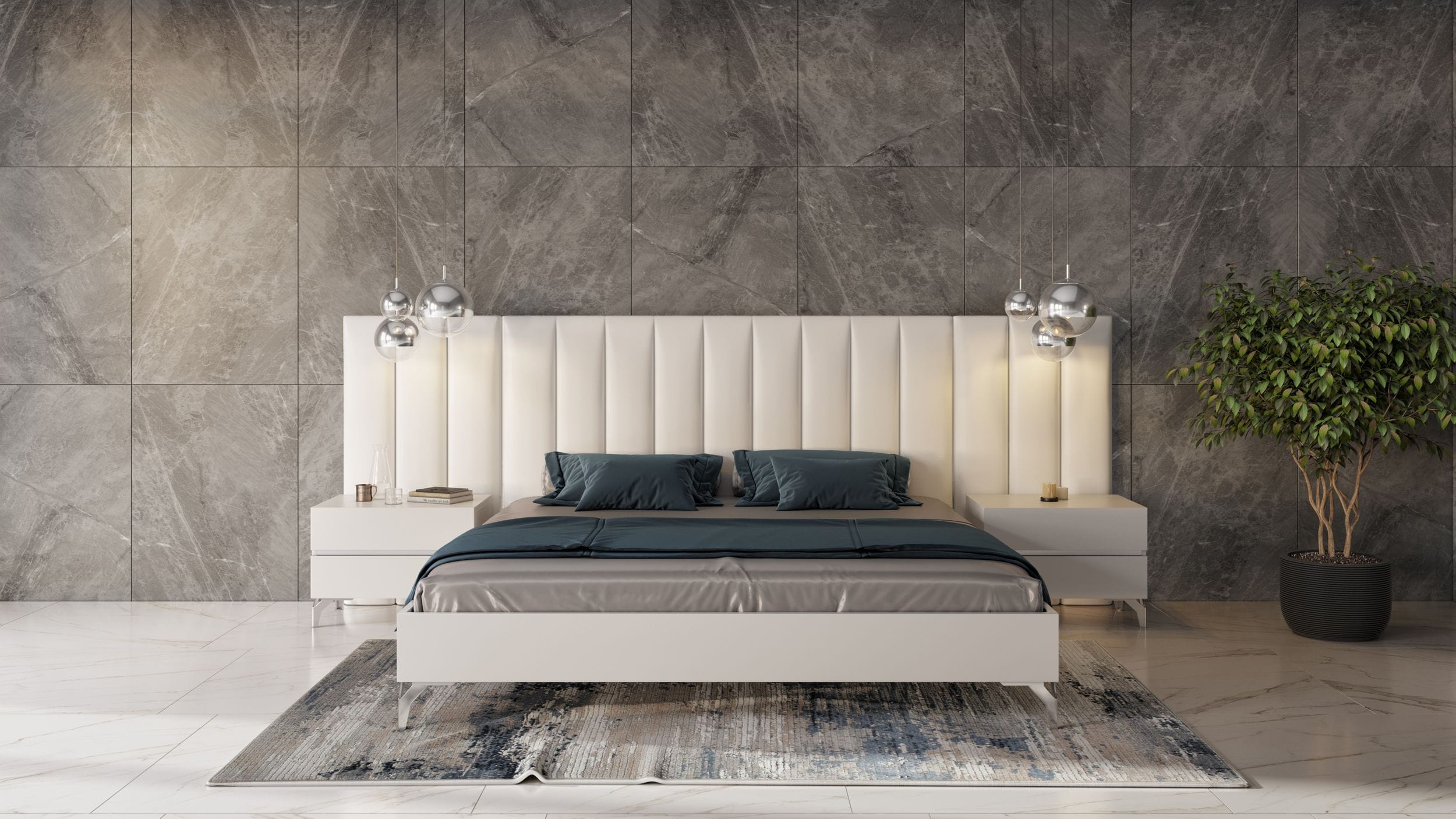 LA Furniture Angela Queen Italian Modern White Eco Leather Bed with Nightstands and Wings VGACANGELA-SET-WINGS-Q Contemporary Style by Vig Furnitrue Number 76677 Catch Home Goods