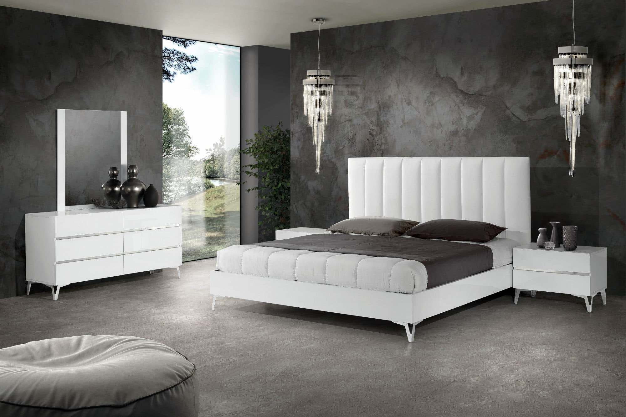 LA Furniture Angela Eastern King Italian Modern White Eco Leather Bed with Nightstands VGACANGELA-SET-NOWINGS-EK Contemporary Style by Vig Furnitrue Number 76676 Catch Home Goods