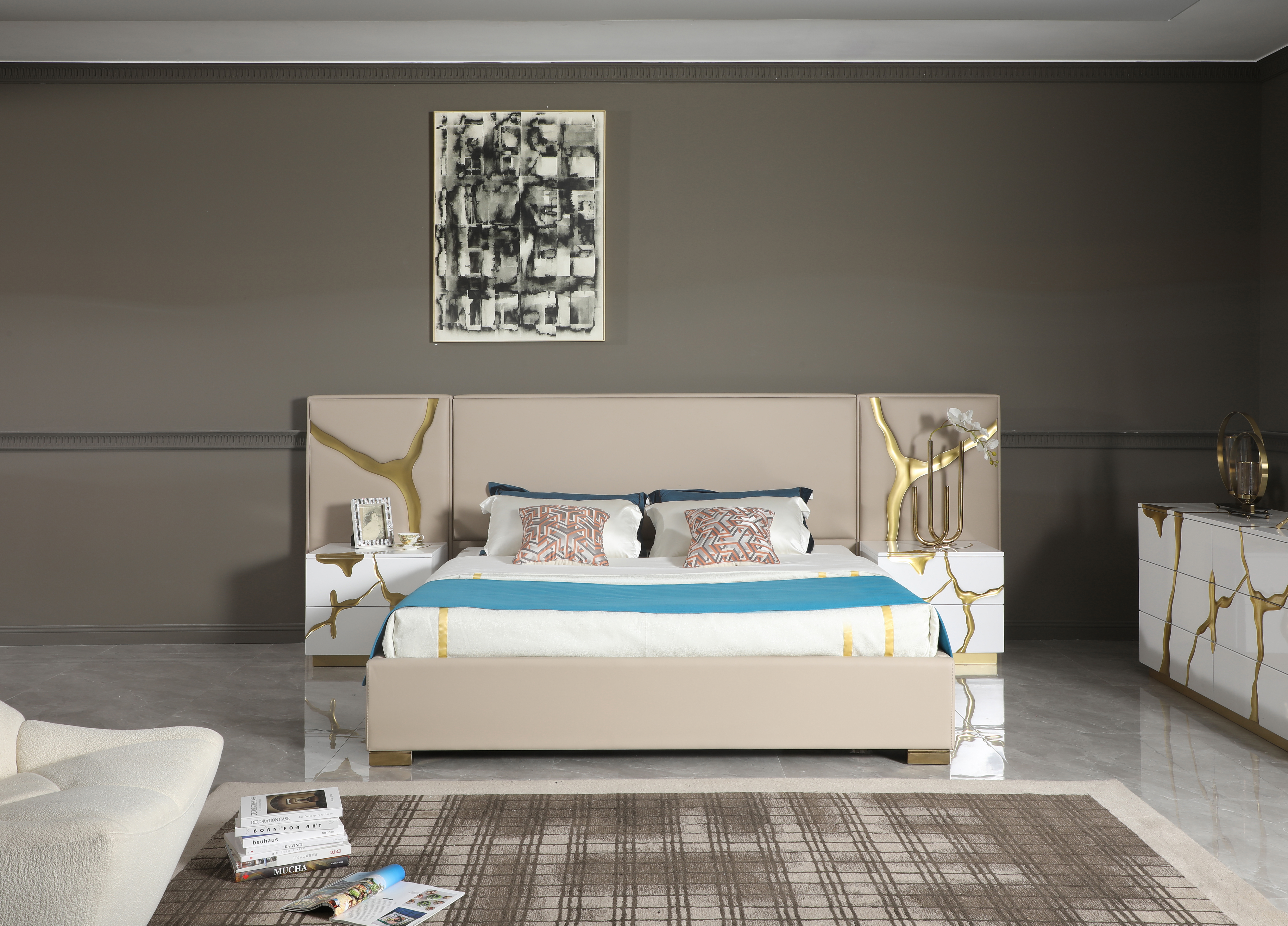 LA Furniture Aspen Glam Beige Bonded Leather & Gold EK Bed VGVC-BD1801-BG-BED-EK Contemporary Style by Vig Furnitrue Number 79077 Catch Home Goods