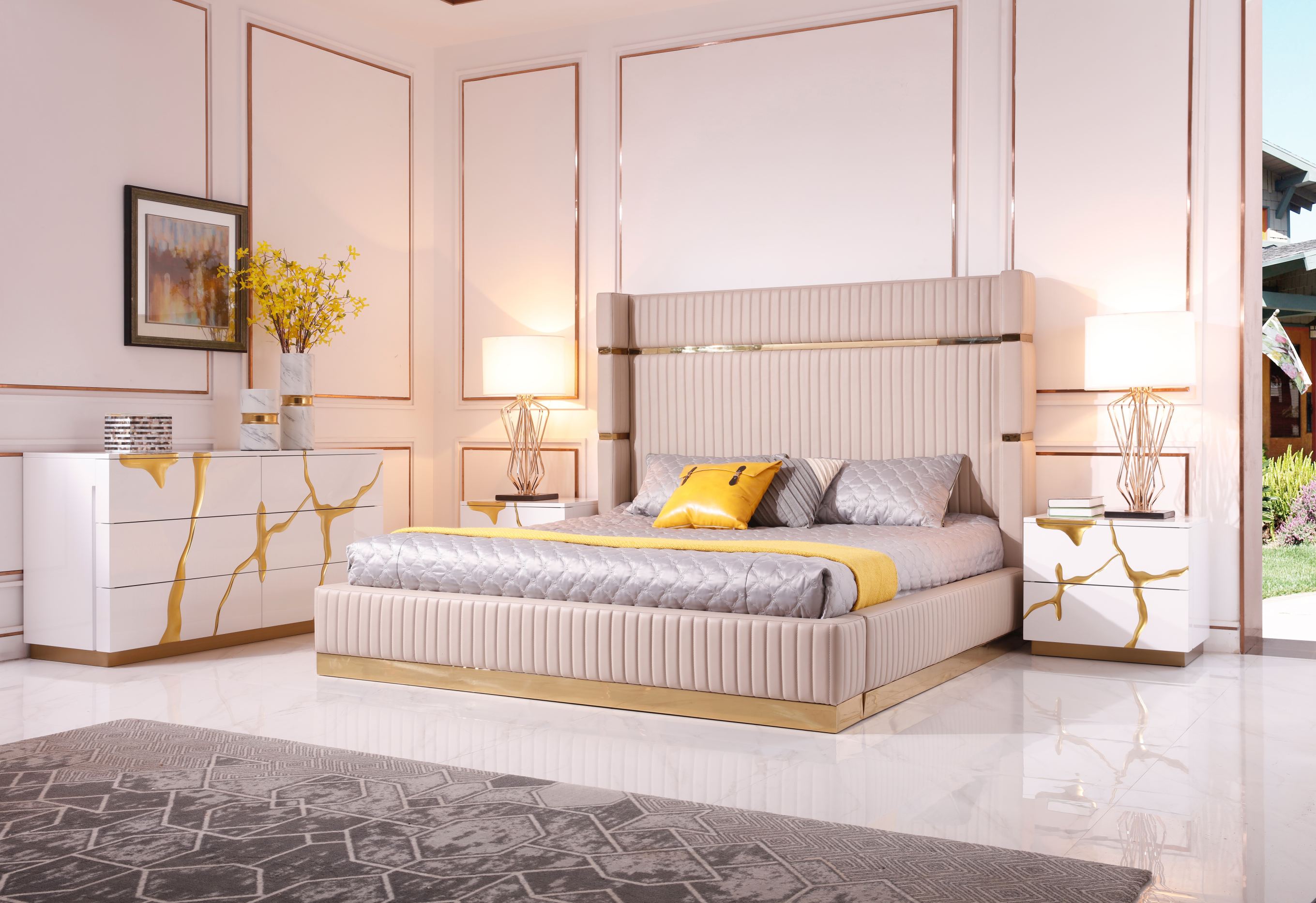 LA Furniture Sterling Eastern King Modern Beige + Rose Gold Bed + Nightstands VGVCBD1901-BEI-BED-2NS-SET-EK Contemporary Style by Vig Furnitrue Number 79275 Catch Home Goods