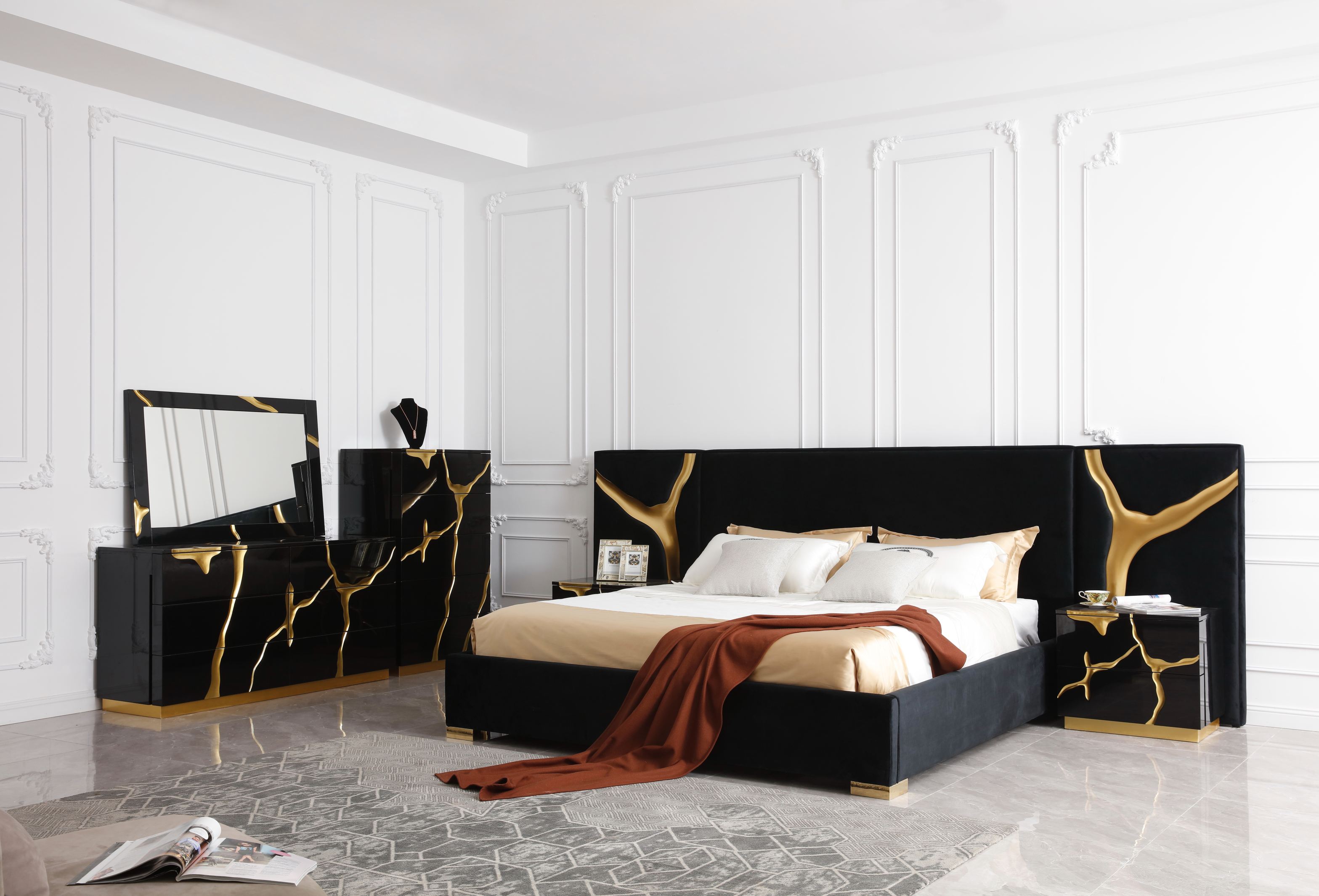 LA Furniture Aspen California King Modern Black + Gold Bed + Nightstands VGVCBD1801-BLK-BED-2NS-SET-CK Contemporary Style by Vig Furnitrue Number XXXXX Catch Home Goods