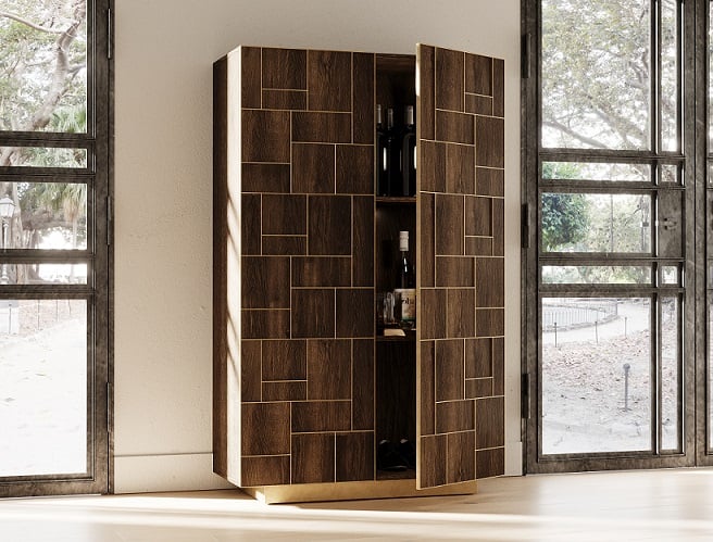 LA Furniture Auer- Brown Oak & Gold Wine Rack Cabinet VGGM-W-VALDERA-WR Contemporary Style by Vig Furnitrue Number 79740 Catch Home Goods