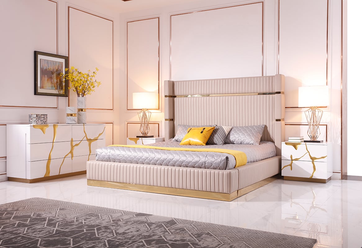 LA Furniture Eastern King Sterling Modern Beige Bonded Leather & Gold Bed VGVCBD1901-BGE-EK Contemporary Style by Vig Furnitrue Number 75638 Catch Home Goods