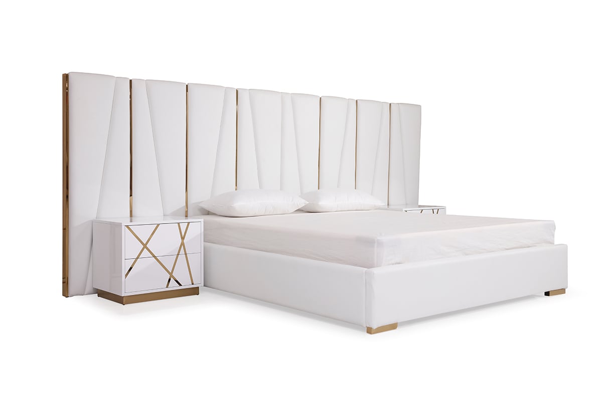 LA Furniture Eastern King Nixa Modern White Bonded Leather & Gold Bed VGVCBD1909-WHT-EK Contemporary Style by Vig Furnitrue Number 75643 Catch Home Goods