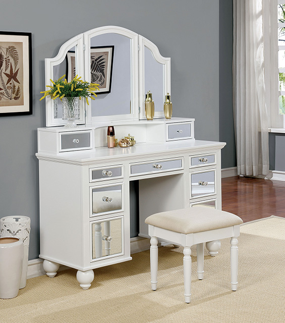 Furniture Of America Tracy Transitional White Vanity W/ Stool Model CM-DK6162WH-STOOL
