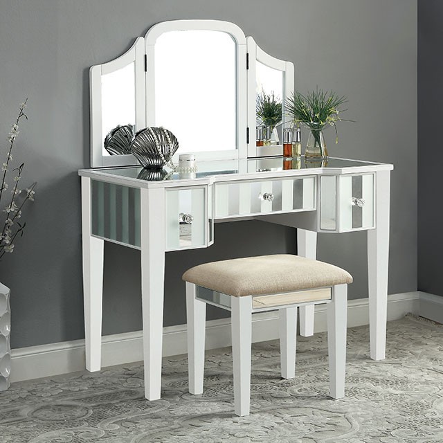 Furniture Of America Cyndi Transitional White Vanity W/ Stool Model CM-DK6361WH-UPS3-STOOL