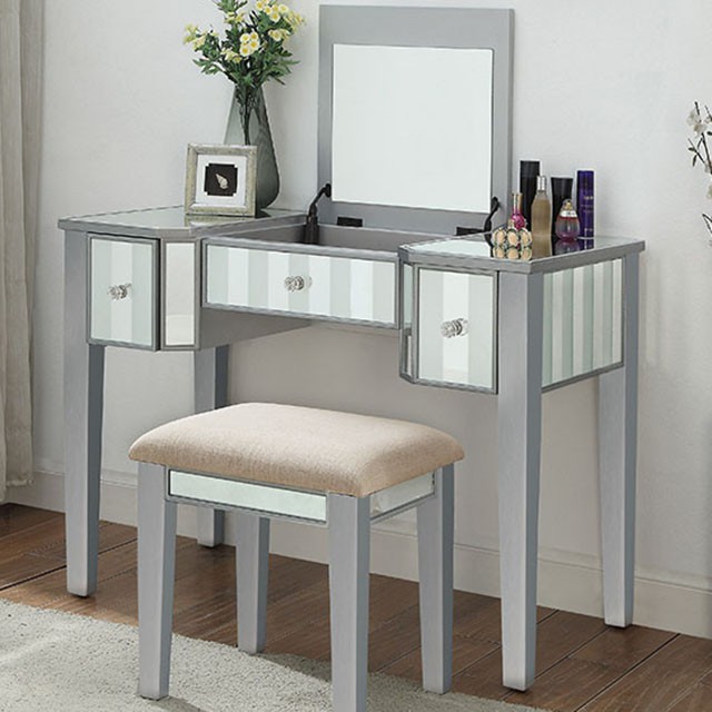 Furniture Of America Joyce Transitional Silver Vanity W/ Stool Model CM-DK6385SV-UPS3-STOOL