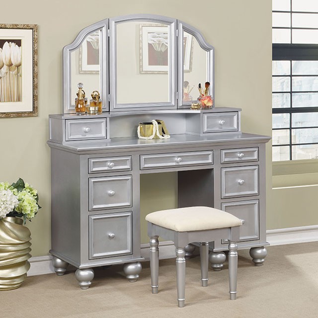 Furniture Of America Athy Transitional Silver Vanity W/ Stool Model CM-DK6848SV-STOOL