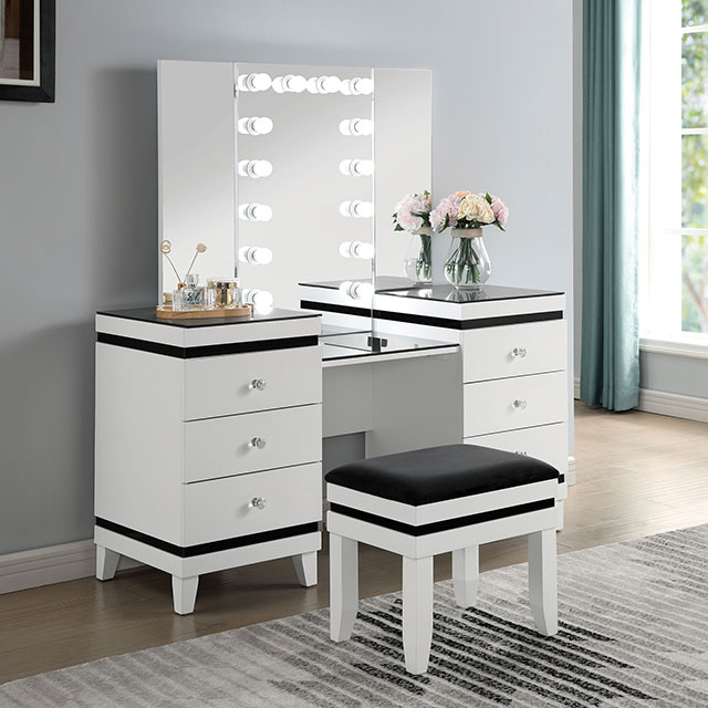 Furniture Of America Madonna Contemporary White/Black Vanity Set Model CM-DK824WH-PK-STOOL