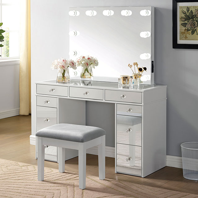 Furniture Of America Margret Glam White/Gray Vanity Set Model CM-DK928-PK-STOOL