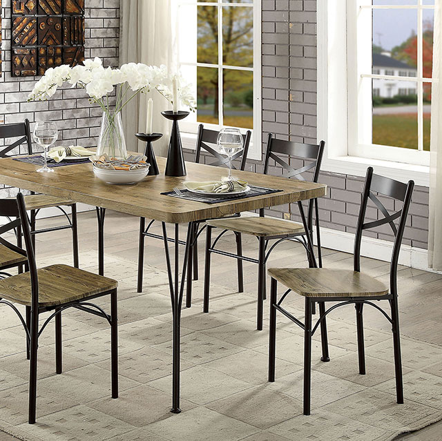 Furniture Of America Banbury Industrial Dark Bronze/Natural 7 Pc. Dining Table Set Model CM3279T-60-7PK-CHAIR