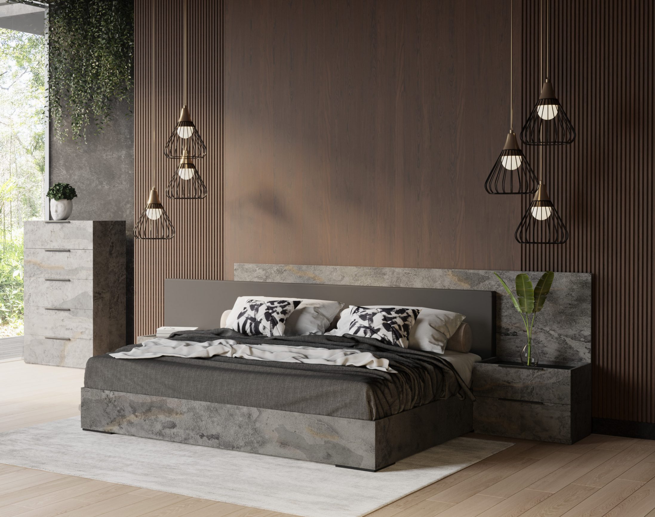 LA Furniture Ferrara California King Modern Volcano Oxide Grey Bed with Nightstands VGACFERRARA-BED-2NS-SET-CK Contemporary Style by Vig Furnitrue Number 79299 Catch Home Goods