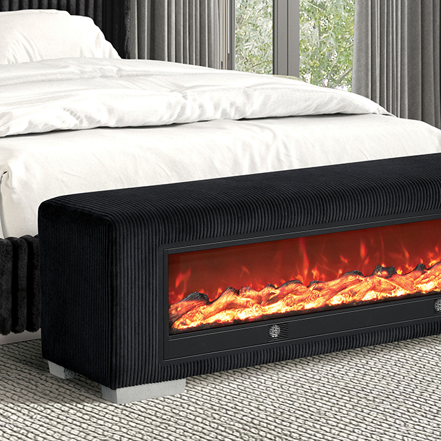 Furniture Of America Elnath Contemporary Black Bench W/ Visual Wood Log Fireplace Model FM-BN6001BB