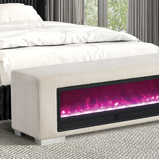 Furniture Of America Elnath Contemporary Beige Bench W/ Visual Crystal Fireplace Model FM-BN6001BG