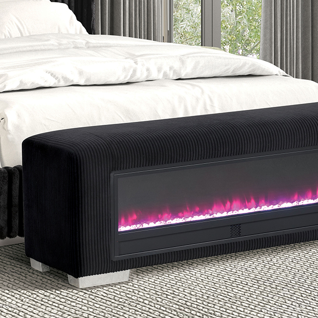 Furniture Of America Elnath Contemporary Black Bench W/ Visual Crystal Fireplace Model FM-BN6001BK