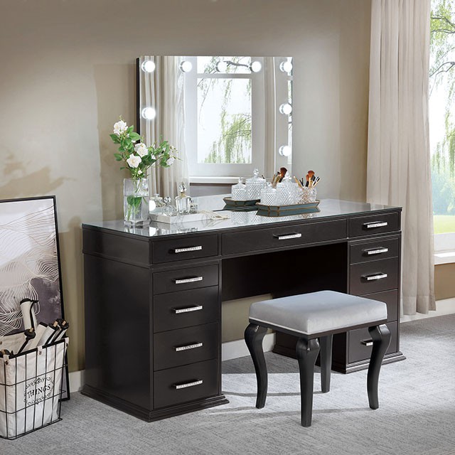 Furniture Of America Valentina Glam Obsidian Gray Vanity Set Model FOA-DK5682DG-PK-STOOL