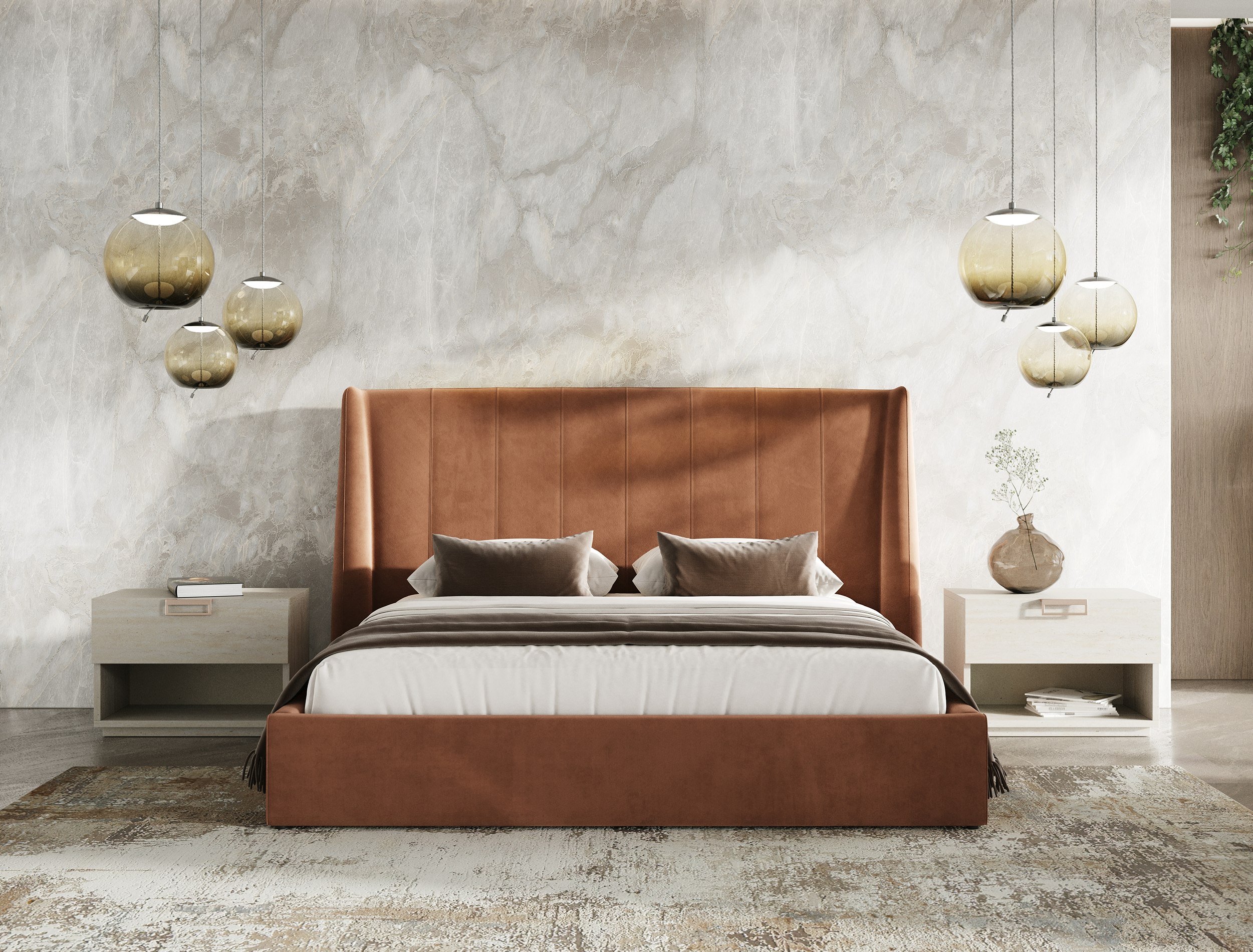 LA Furniture Queen Roma + Lago Modern Burnt Orange Velvet + Faux Travertine Bed + Nightstands Set VGAC-ROMALAGO-3PC-SET-Q Contemporary Style by Vig Furnitrue Number 85644 Catch Home Goods