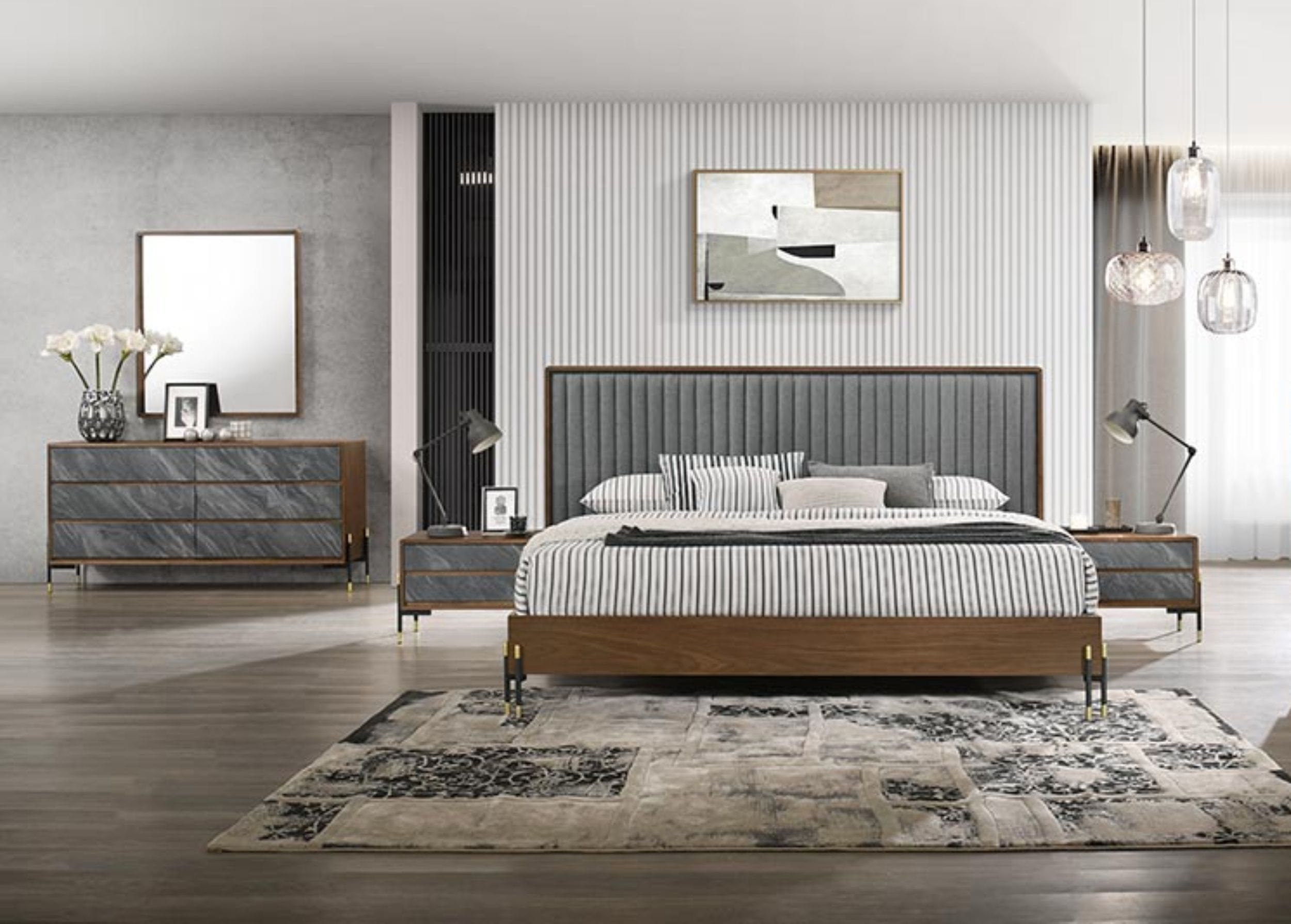 LA Furniture Metcalf Eastern King Mid-Century Walnut & Grey Bedroom Set VGMABR-120-WAL-BED-SET-EK Contemporary Style by Vig Furnitrue Number 79000 Catch Home Goods