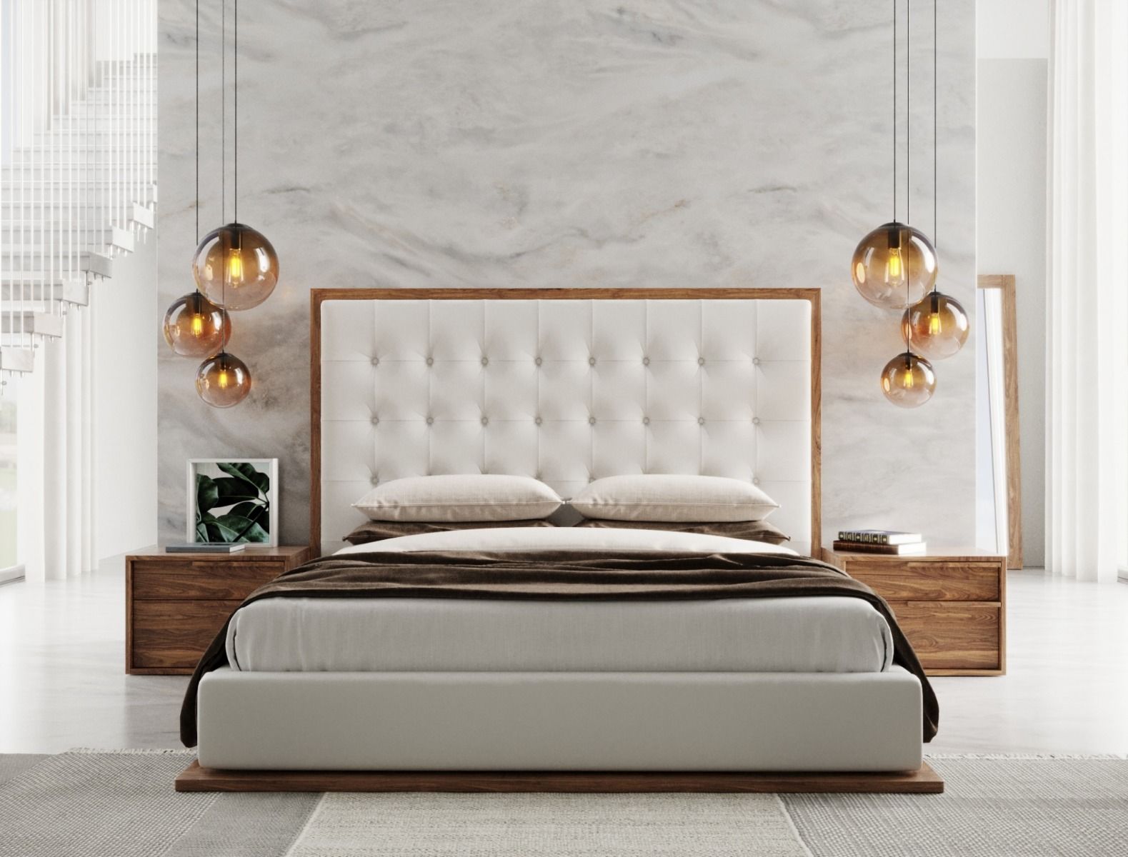 LA Furniture Amberlie White Vegan Leather & Walnut CK Bed VGMABR-96-WAL-BED-california Contemporary Style by Vig Furnitrue Number 80294 Catch Home Goods
