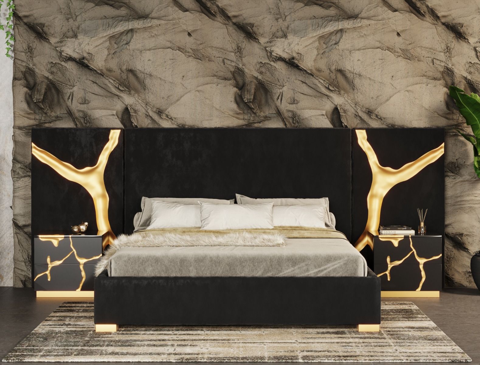 LA Furniture Aspen Queen Glam Black Velvet & Gold Bed VGVCBD1801-BLK-BED-q Contemporary Style by Vig Furnitrue Number 78803 Catch Home Goods