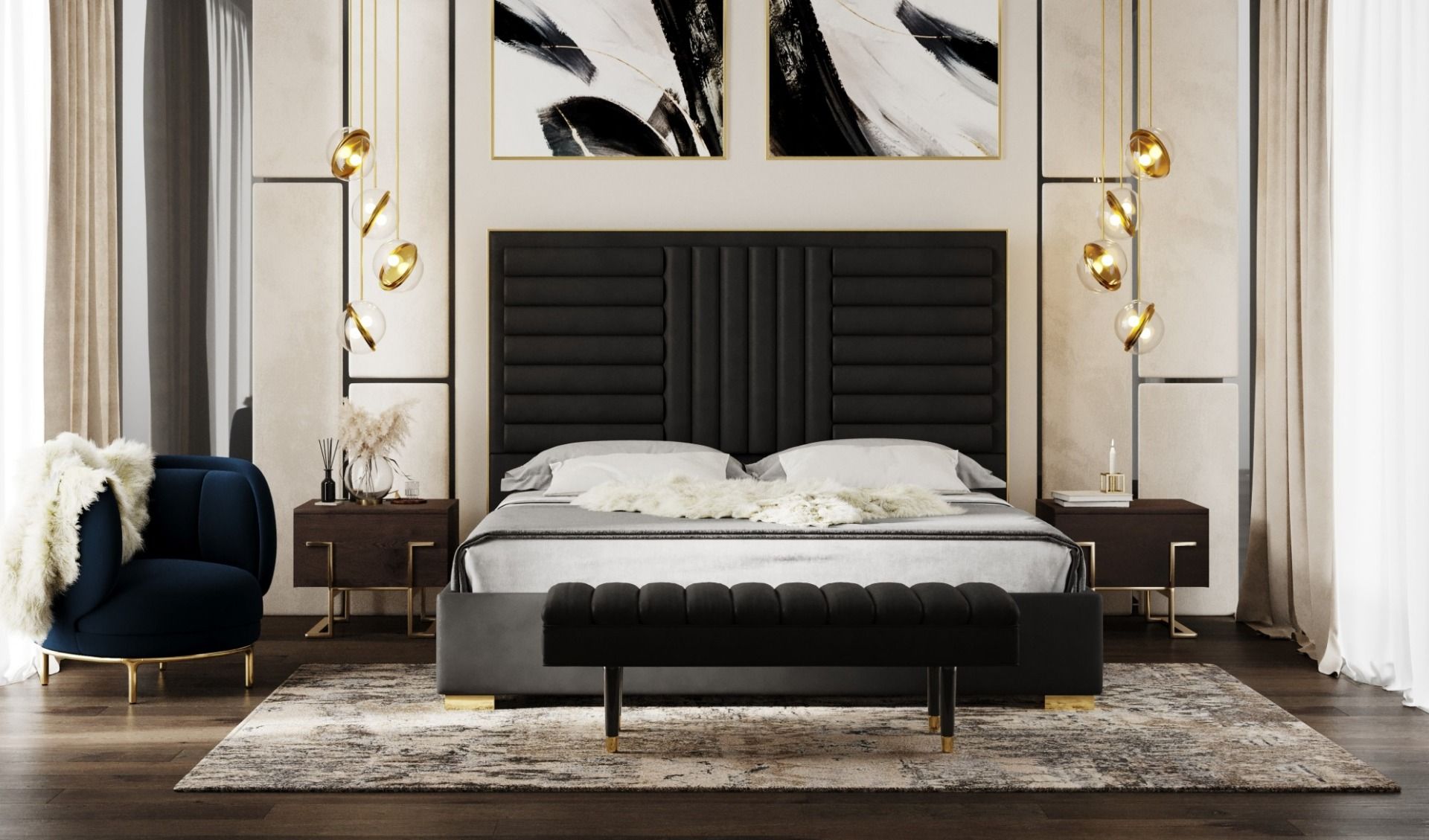 LA Furniture Queen Daystar Modern Black Velvet and Gold Bed VGVCBD1905-19-BLK-BED-Q Contemporary Style by Vig Furnitrue Number 80250 Catch Home Goods