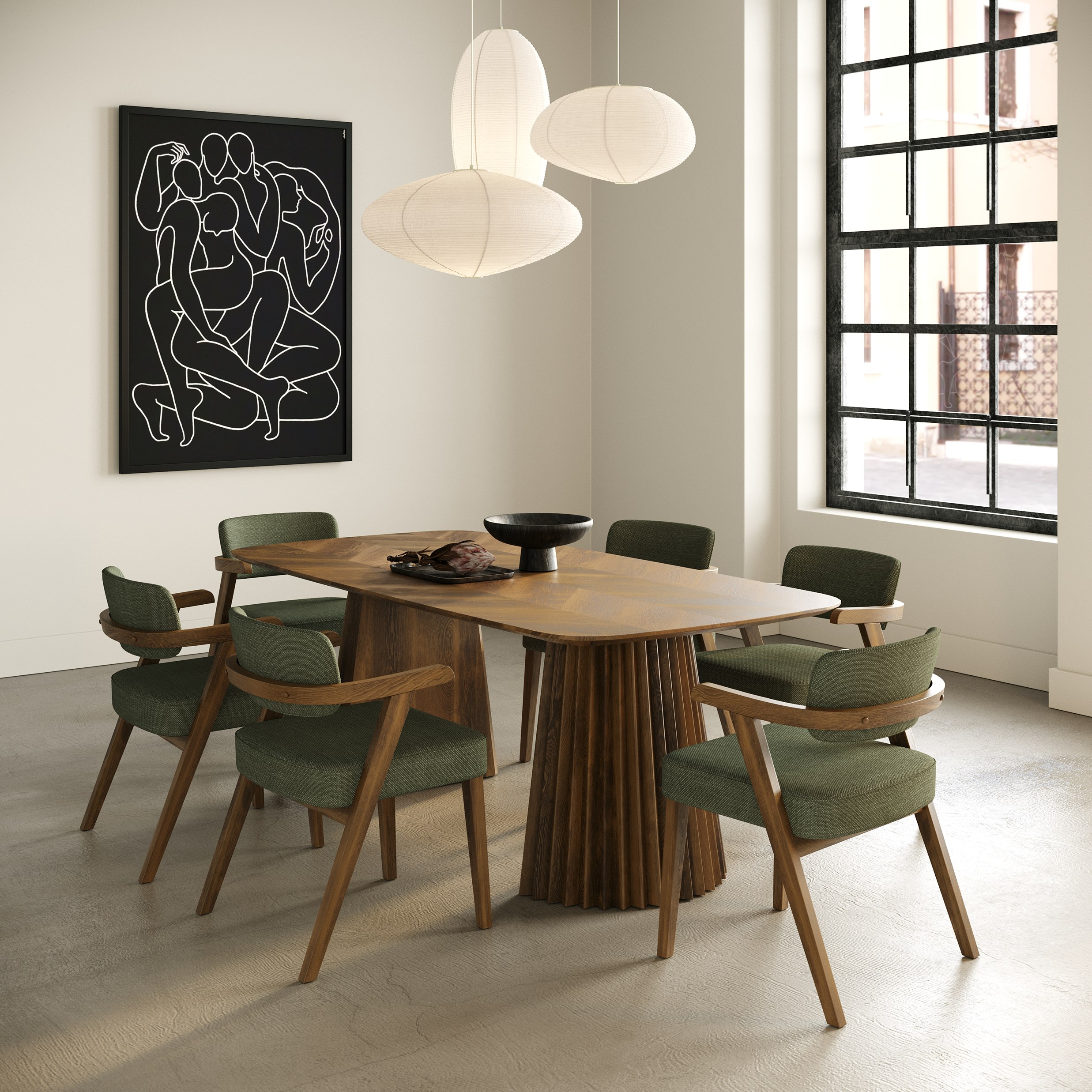 LA Furniture Sacks Mid-Century Modern Green Fabric + Herringbone Walnut Dining Set VGMA-MIT-5451-SET-WAL Contemporary Style by Vig Furnitrue Number 85632 Catch Home Goods