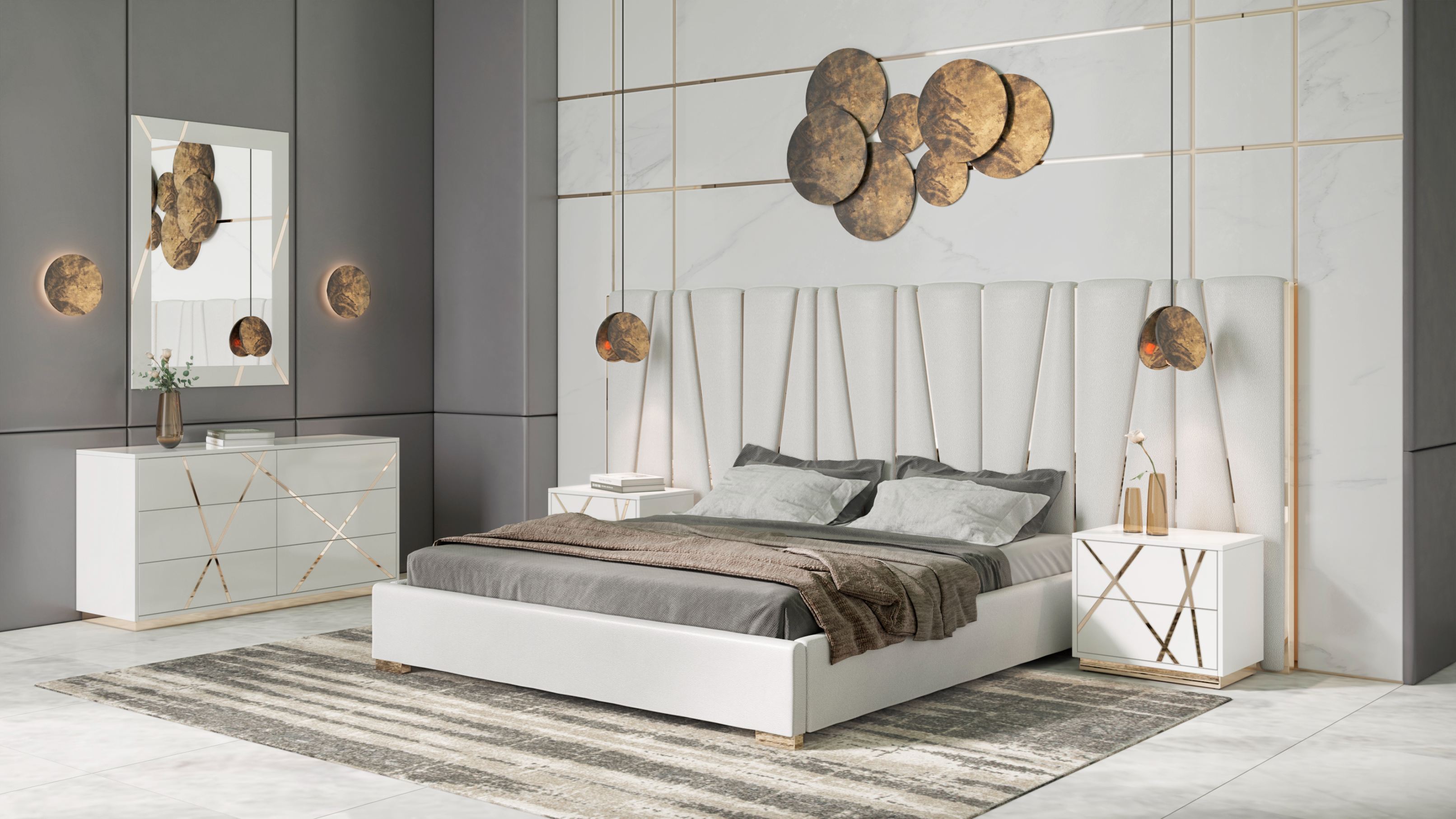 LA Furniture Nixa California King Modern White + Gold Bed + Nightstands VGVCBD1909-BLK-BED-2NS-SET-CK Contemporary Style by Vig Furnitrue Number 79278 Catch Home Goods
