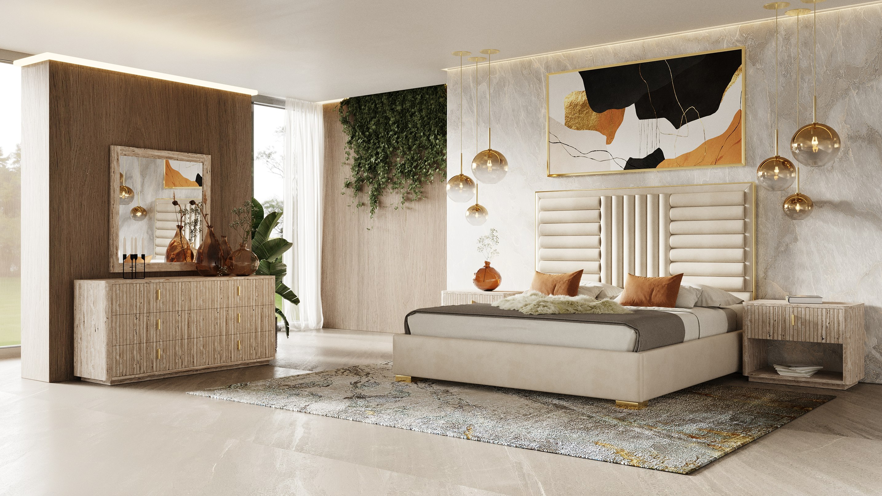 LA Furniture Eastern King Daystar + Roma Modern Beige Velvet + Travertine + Gold Bedroom Set VGAN-DAYSTAR-ROMA-BED-SET-EK Contemporary Style by Vig Furnitrue Number 80241 Catch Home Goods