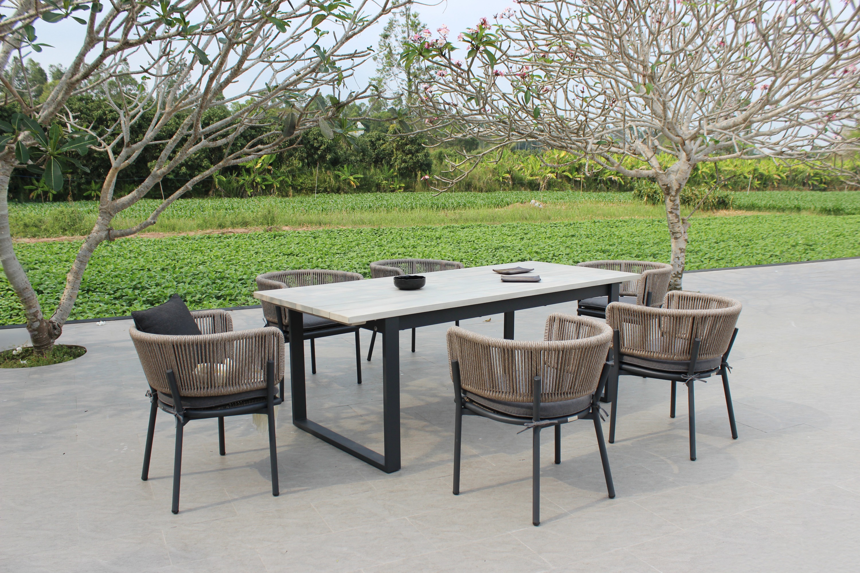LA Furniture Suntide Outdoor Grey Fabric + Grey Acacia + Beige Rattan Dining Set VGAT-RADS-238 Contemporary Style by Vig Furnitrue Number 81922|81922A Catch Home Goods