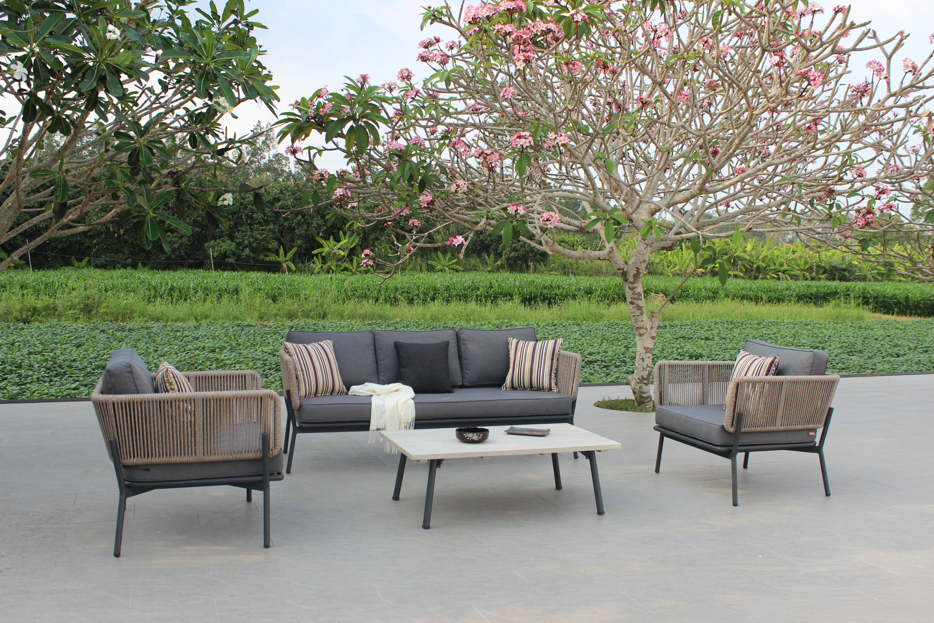 LA Furniture Suntide Outdoor Grey Fabric + Beige Rattan + Grey Acacia Sofa Set VGAT-RASF-224 Contemporary Style by Vig Furnitrue Number 81919|81919A Catch Home Goods