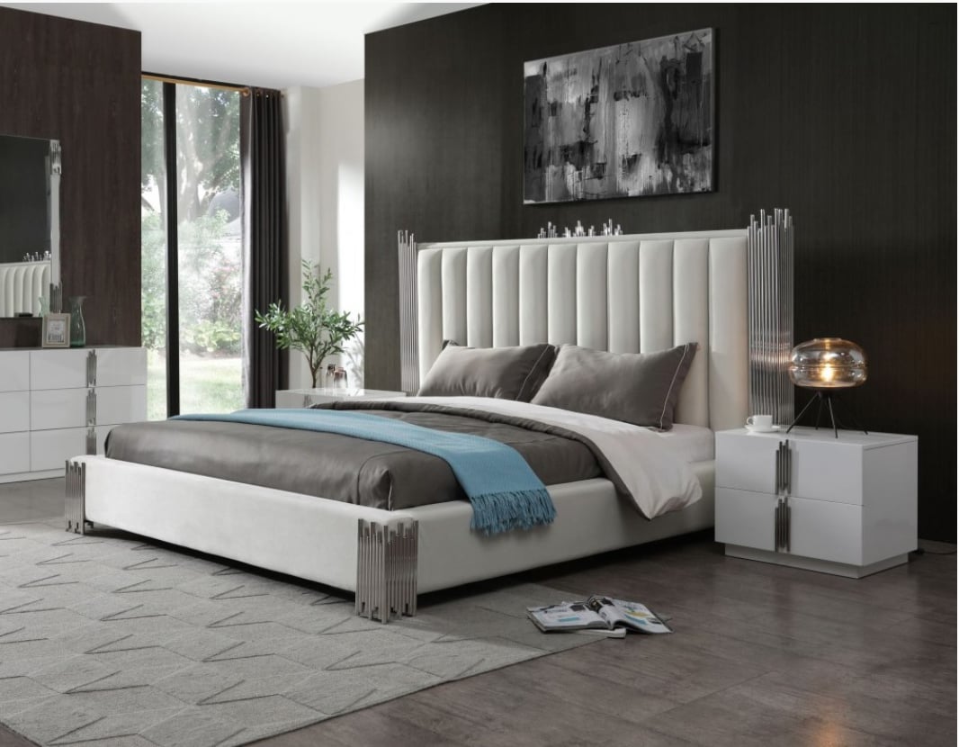 LA Furniture Token California King Modern Cream & Stainless Steel Bed + Nightstands VGVCBD815-WHT-BED-2NS-SET-CK Contemporary Style by Vig Furnitrue Number 79290 Catch Home Goods